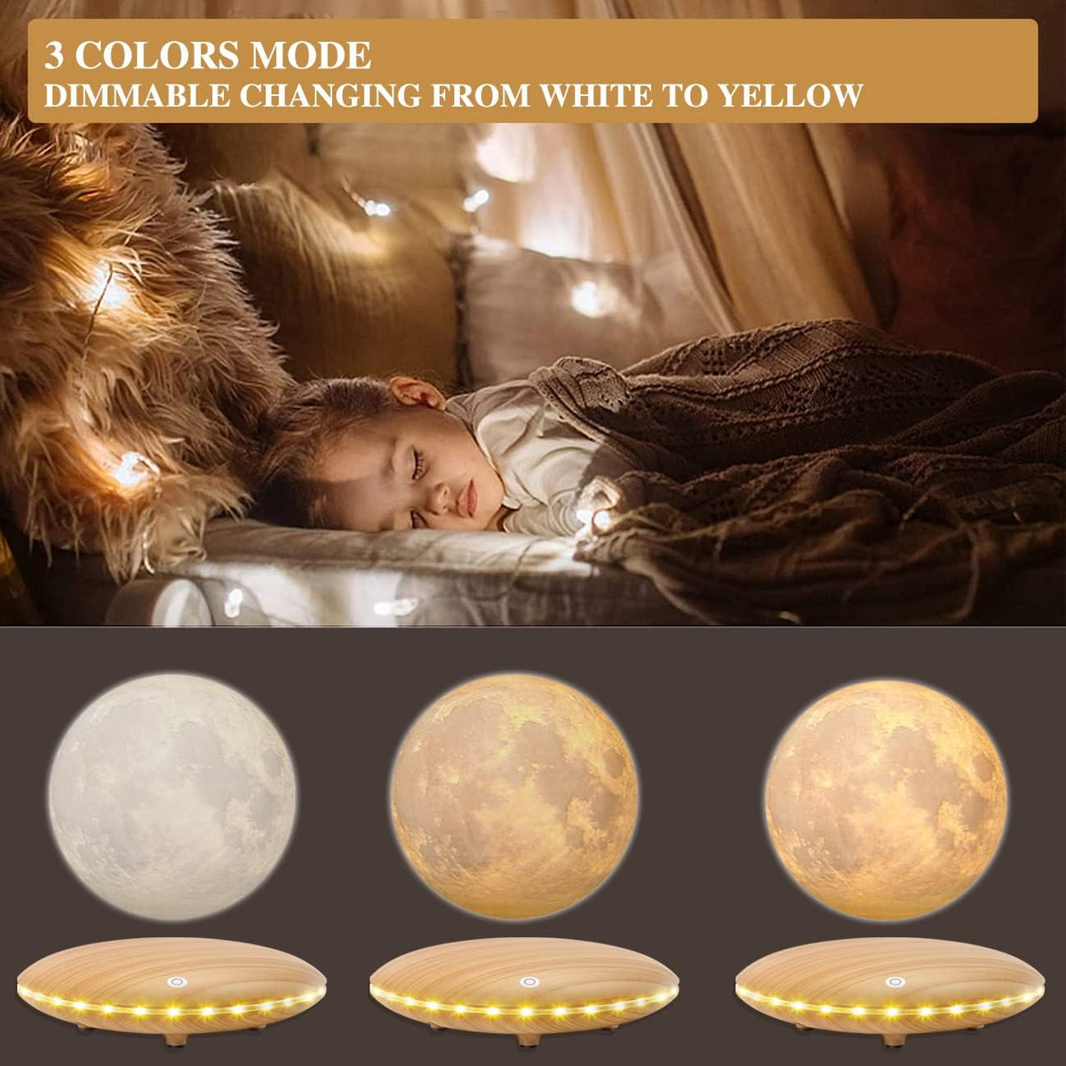 Levitating Moon Lamp, 3D Printing Moon Light Lamp with Touch Control and Wooden Base,Magnetic Floating Rotating LED Light Night for Home、Office Decor, Creative Gifts