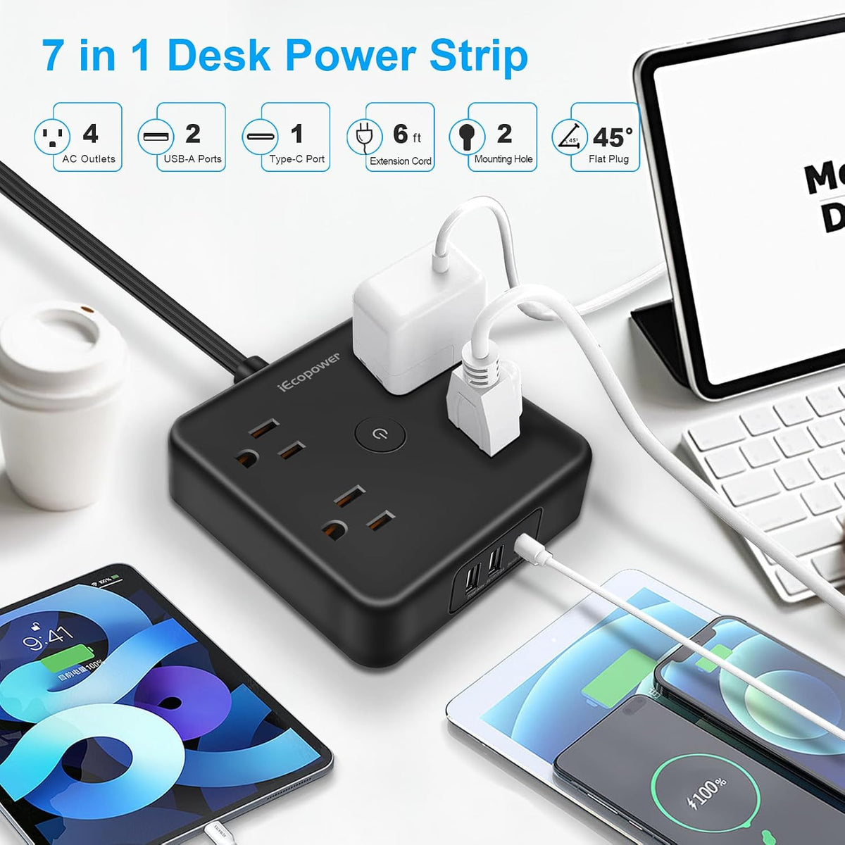 4 Pack Ultra Flat Plug Power Strip,Power Strips with 4 Widely Outlets,6 Ft Flat Plug Extension Cord with 3 USB Ports(1 USB C Port),Slim Desk Charging Station,Black