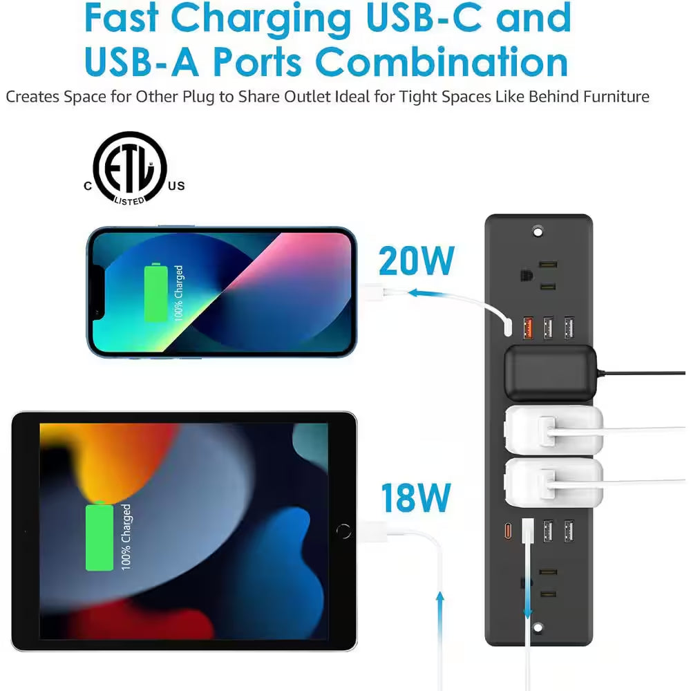 13 in 1 Recessed Power Strip Flat Plug Fast Charging Furniture Outlet with USB Surge Protection Socket Black
