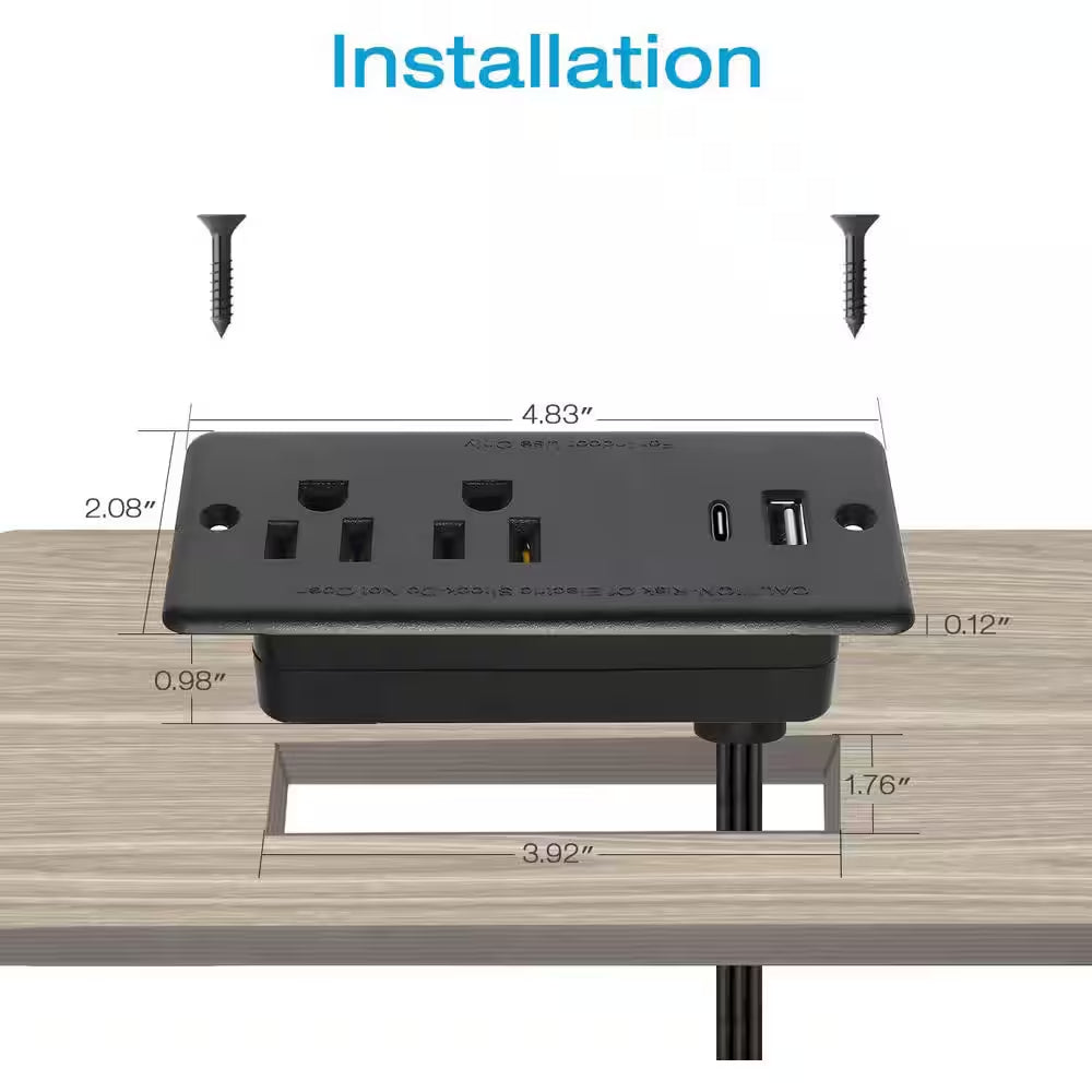 10 Ft Cord 2-Outlet 2 USB-A Ports 1 USB-C Port Surge Protector with Fast Charging Recessed Desk Power Strip