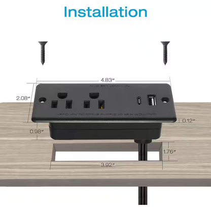 10 Ft Cord 2-Outlet 2 USB-A Ports 1 USB-C Port Surge Protector with Fast Charging Recessed Desk Power Strip