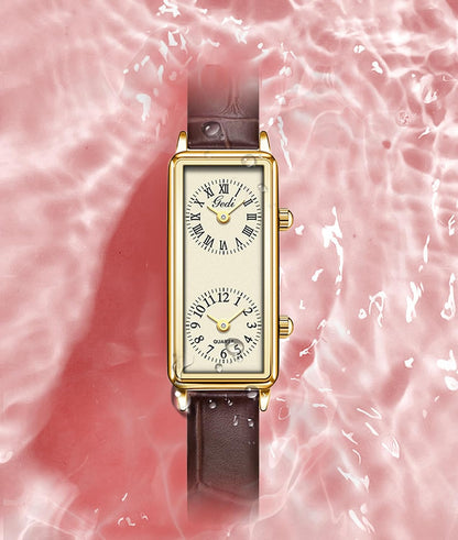 Women’S Vintage Rectangle Watch Dual Time Zone Watch for Small Wrist