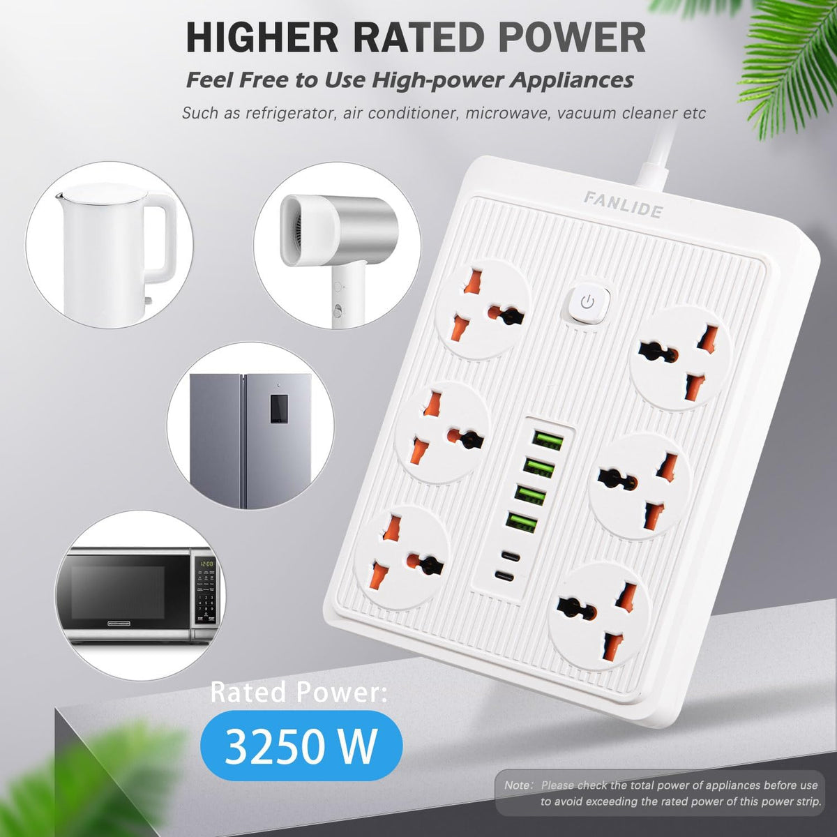 Power Strip with 45 Degree Plug, 10Ft Long Cord,6 Universal Socket