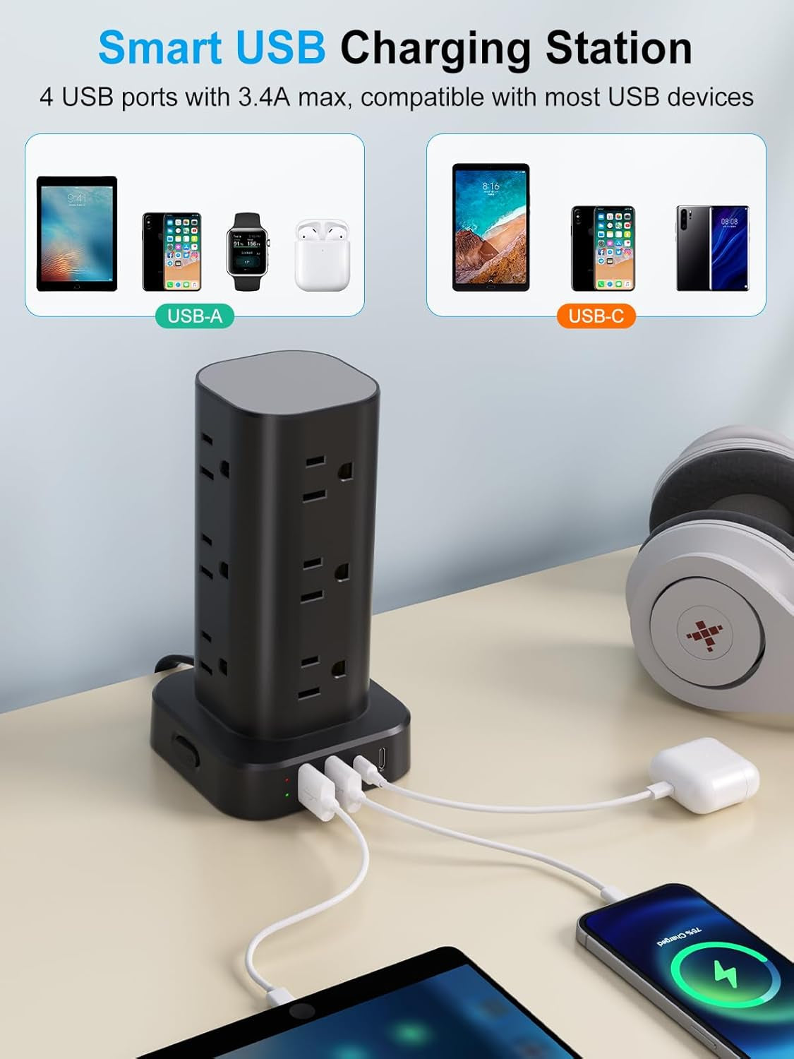 6FT Power Strip Tower with Wireless Charger,Surge Protector with 12 Outlets