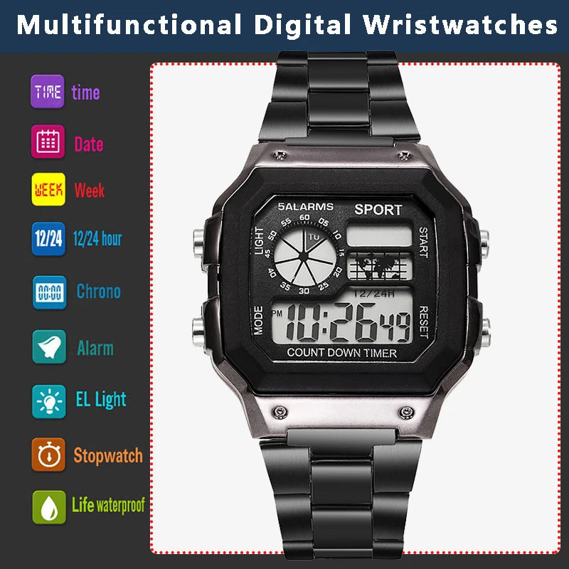 Sports Watches for Men LED Digital Men'S Wrist Watches Countdown Alarm Clock Sweatproof Male Sport Electronic Watches