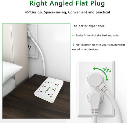 Power Strip with 45 Degree Plug, 10Ft Long Cord,6 Universal Socket