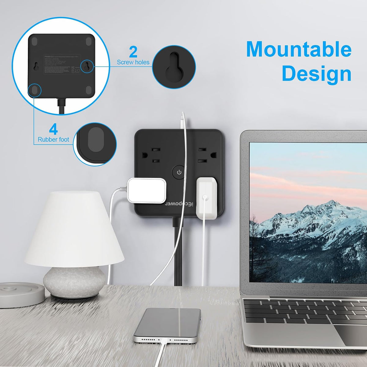 4 Pack Ultra Flat Plug Power Strip,Power Strips with 4 Widely Outlets,6 Ft Flat Plug Extension Cord with 3 USB Ports(1 USB C Port),Slim Desk Charging Station,Black