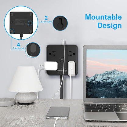 4 Pack Ultra Flat Plug Power Strip,Power Strips with 4 Widely Outlets,6 Ft Flat Plug Extension Cord with 3 USB Ports(1 USB C Port),Slim Desk Charging Station,Black