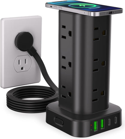 6FT Power Strip Tower with Wireless Charger,Surge Protector with 12 Outlets