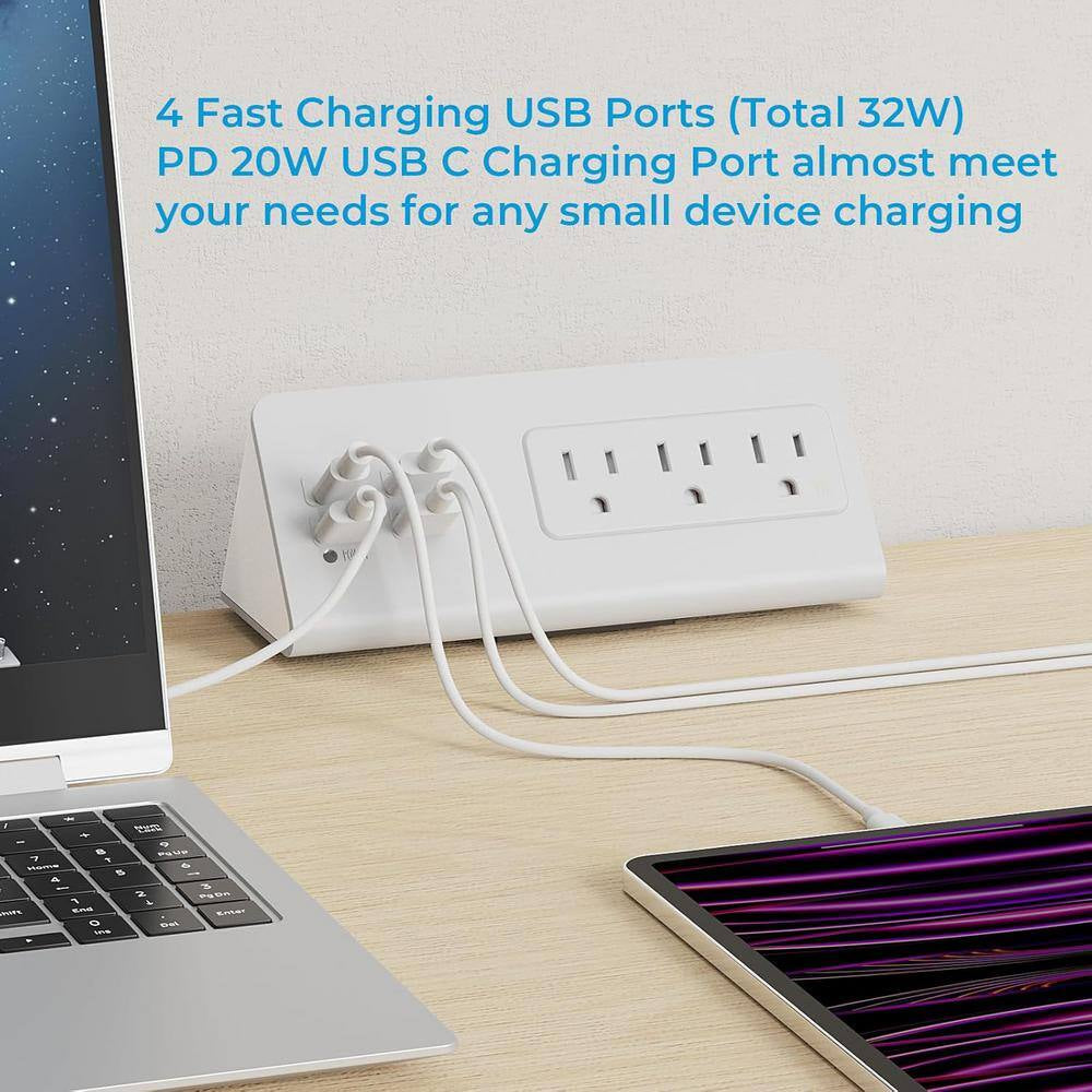3-Outlet Power Strip Surge Protector with 4-Fast Charging USB Port and 6.56 Ft. Flat Plug in White