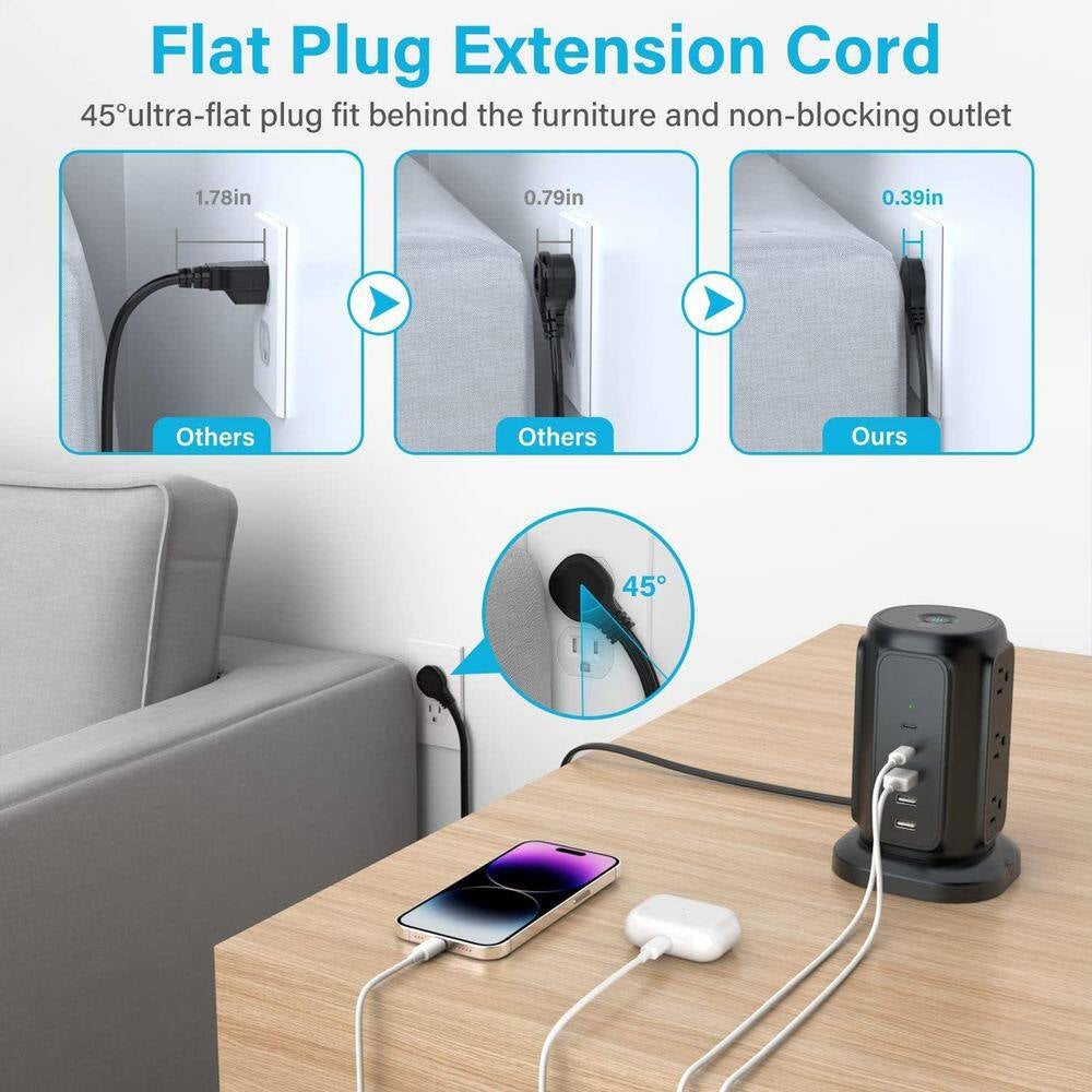 9-Outlet Power Strip Tower Surge Protector with 6.5 Ft. Flat Plug Extension Cord, 3 USB-A & 2 USB-C Ports, Black