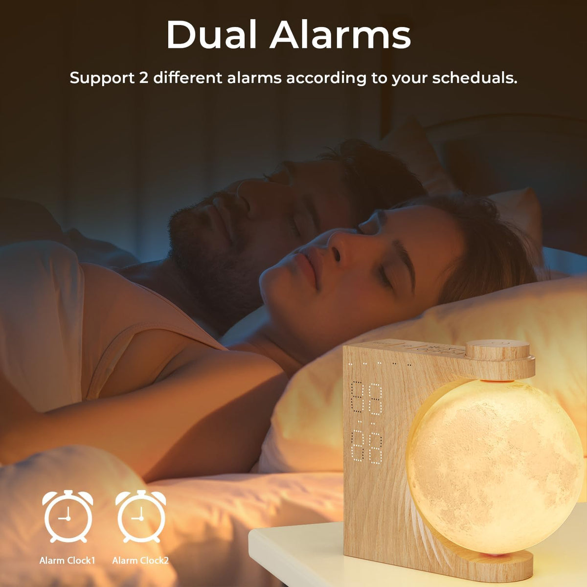 Sunrise Alarm Clock for Heavy Sleepers, Moon Lamp with Moon Light & 10 Light Effects, Cute Alarm Clock With10 White Noise Sounds & Dual Alarms for Bedrooms & Home Office Decor (Walnut Wood Grain)