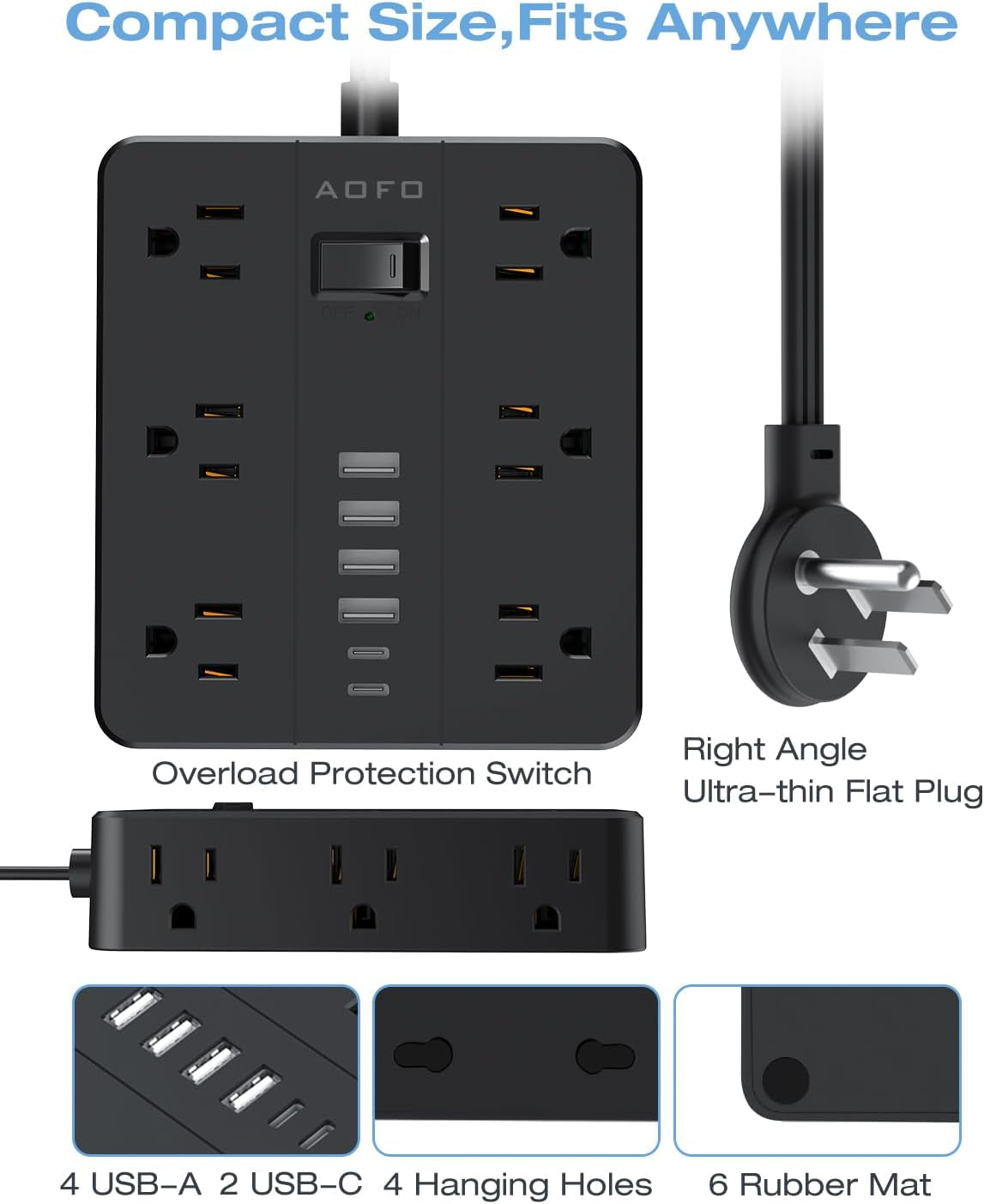 15FT Power Strip, Flat Plug Extension Cord with Multiple Outlets,Black