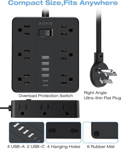 15FT Power Strip, Flat Plug Extension Cord with Multiple Outlets,Black