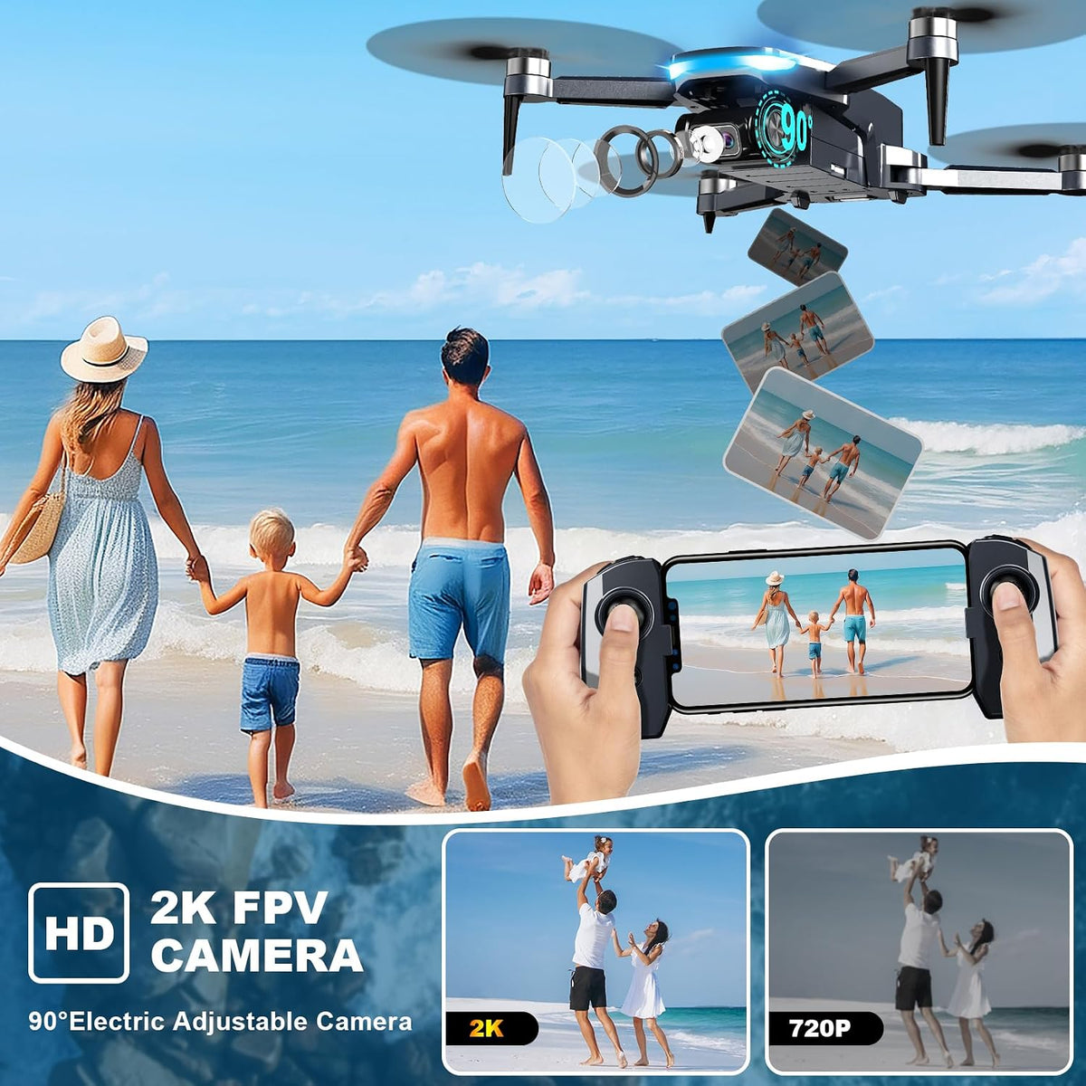 GPS Drone with Camera, 2K HD Drones for Adults, Foldable FPV Drone with GPS Auto Return, Follow Me, Circle Fly, Waypoint Fly, 5G Transmission, Gestures Selfie, Brushless Motor, 2 Batteries, Charcoal
