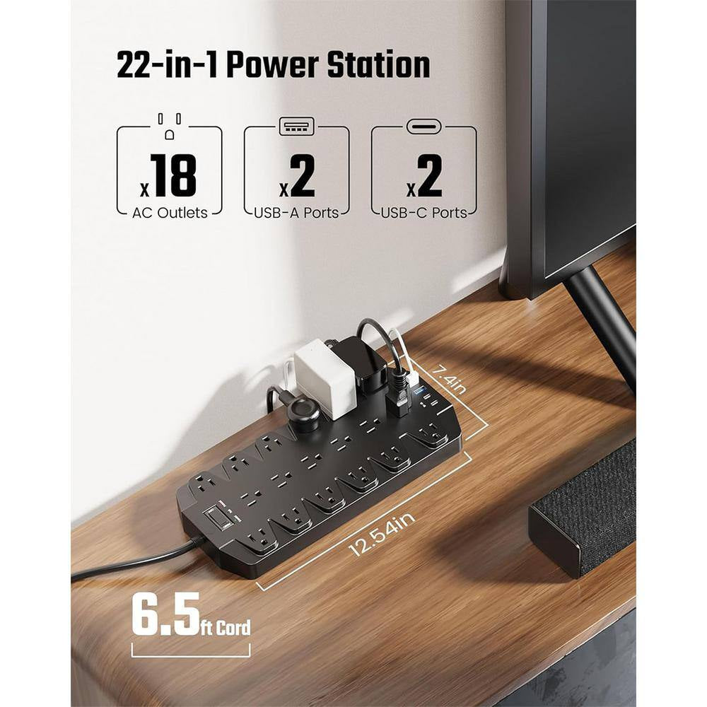 Surge Protector Power Strip, SUPERDANNY 18 AC Outlets W/ 4 USB Ports, 1875W/15 Amp, 2100J, 6.5 Ft. Flat Plug Heavy Duty