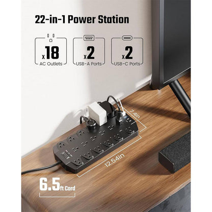 Surge Protector Power Strip, SUPERDANNY 18 AC Outlets W/ 4 USB Ports, 1875W/15 Amp, 2100J, 6.5 Ft. Flat Plug Heavy Duty