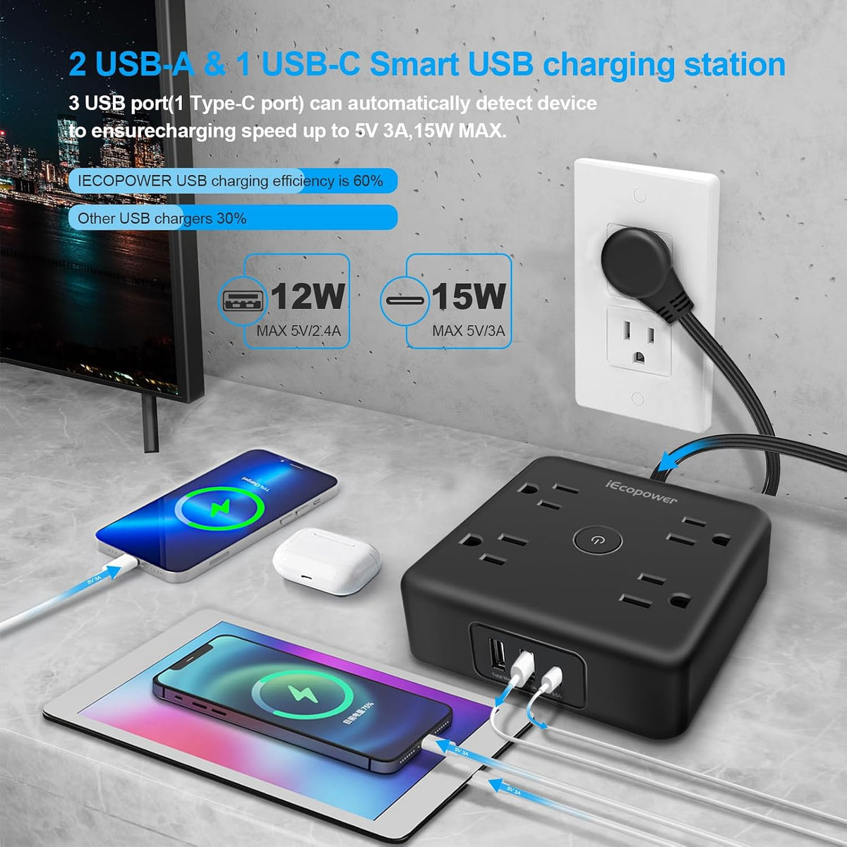 4 Pack Ultra Flat Plug Power Strip,Power Strips with 4 Widely Outlets,6 Ft Flat Plug Extension Cord with 3 USB Ports(1 USB C Port),Slim Desk Charging Station,Black