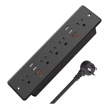 13 in 1 Recessed Power Strip Flat Plug Fast Charging Furniture Outlet with USB Surge Protection Socket Black