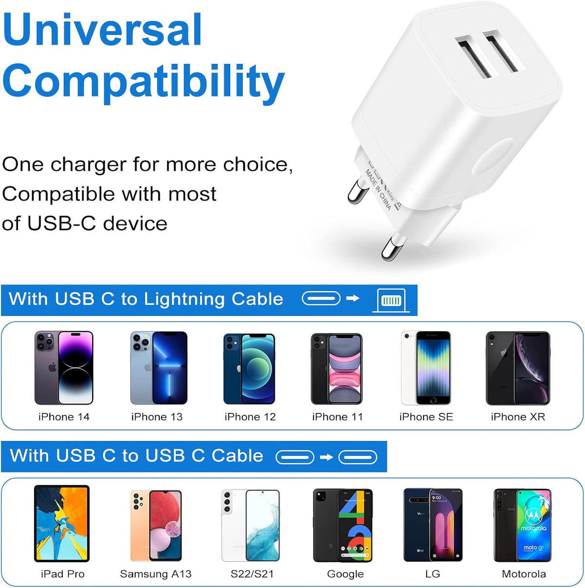 European Travel Plug Adapter Charger for Iphone Samsung Android Phone EU