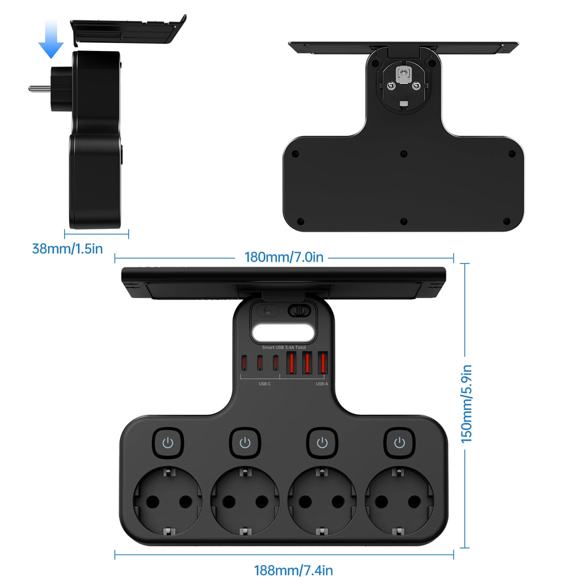 4000W Eu Plug Power Strip Multifunction Socket Smart Night Light Independent Switch European Standard Outlet with USB C Ports