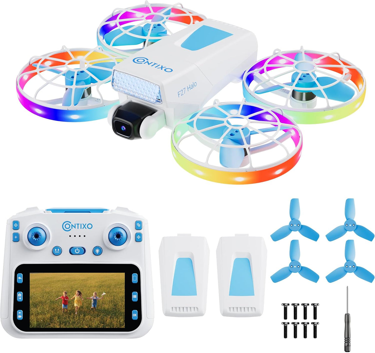 F27 Halo Mini Foldable Drone with 4.3" Screen Remote – 720P HD Dual Camera, LED Lights, Optical Flow Hover, One-Key Takeoff/Landing, 360° Stunts, 350 Ft Range, Beginner Drone