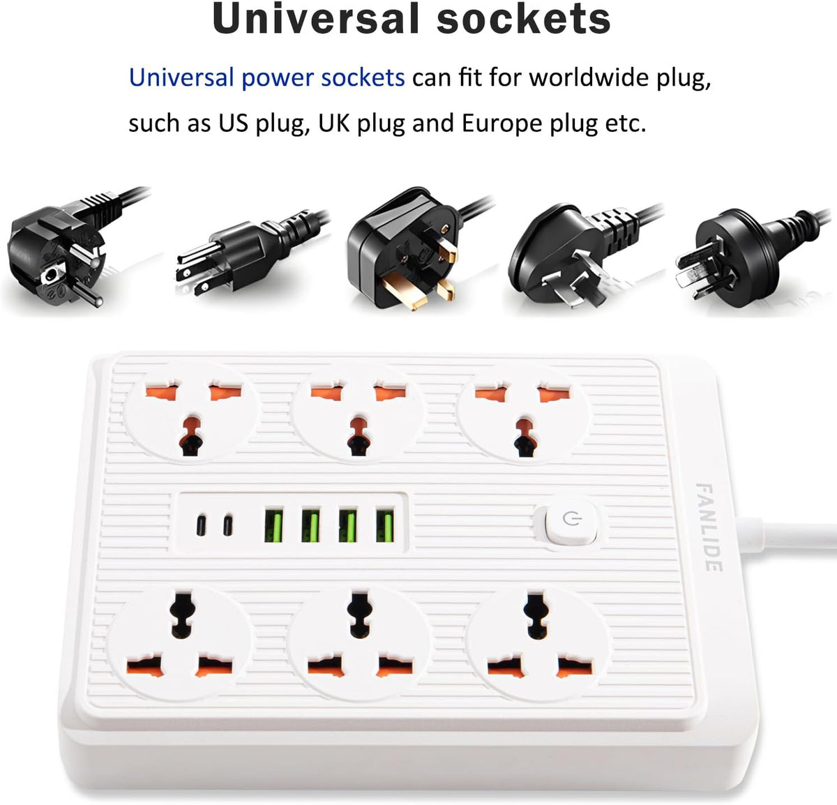 Power Strip with 45 Degree Plug, 10Ft Long Cord,6 Universal Socket