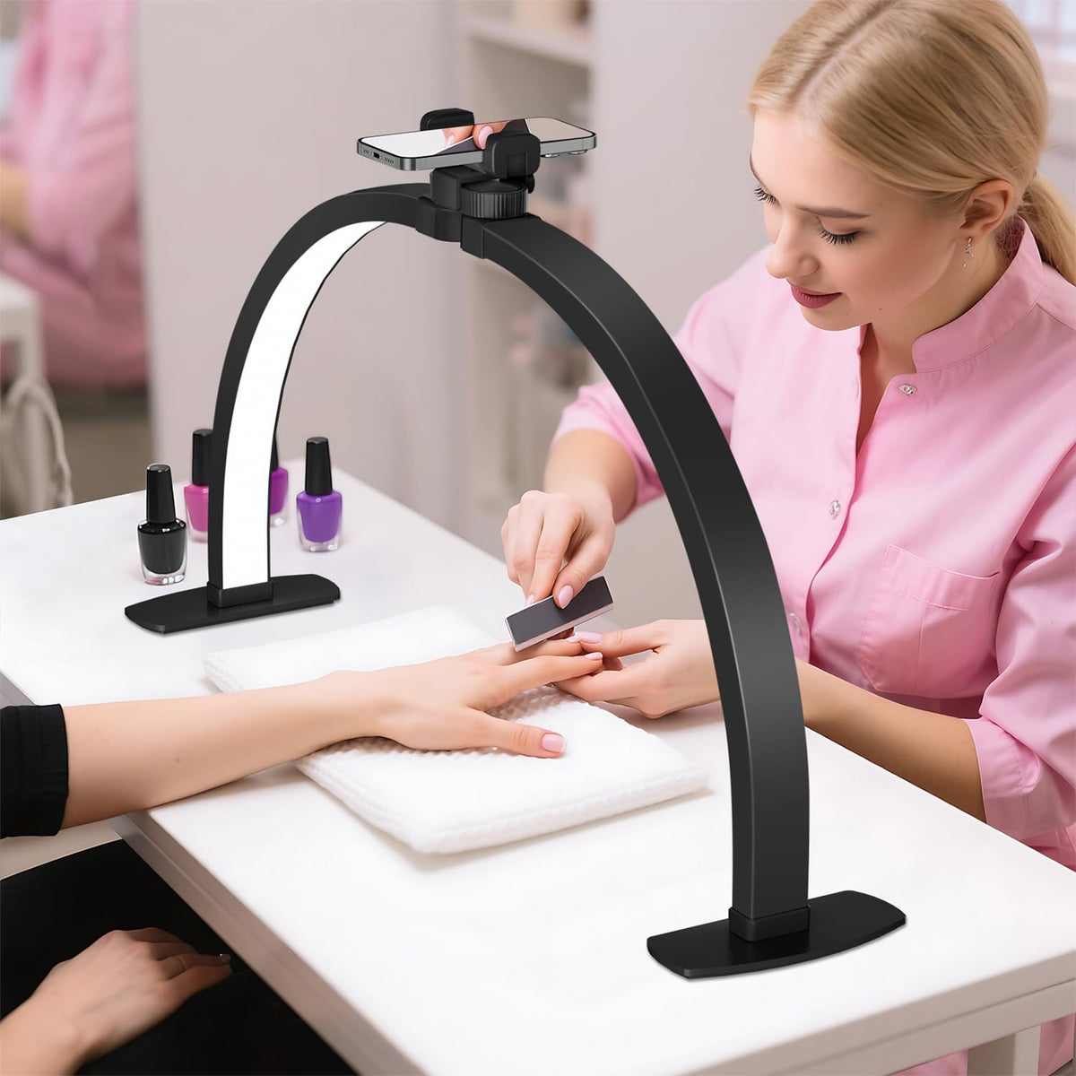 Half Moon Light for Nail Desk, 29In 40W Nails Tech Light with Phone Stand, 10 Adjustable Brightness, 3 Color Temperature Led Desk Lamp for Nail, Tattoos, Eyebrows, Beauty(Black)