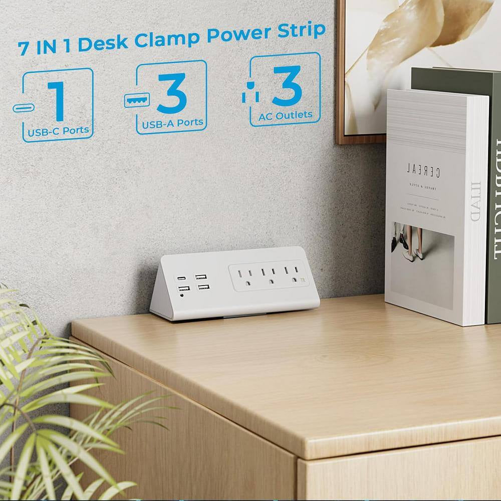 3-Outlet Power Strip Surge Protector with 4-Fast Charging USB Port and 6.56 Ft. Flat Plug in White