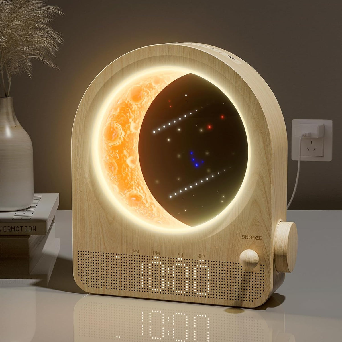 Sunrise Alarm Clocks for Bedrooms, Stepless Dimmable Moon Lamp Dual Alarm Clock with 12Levels Volume for Heavy Sleepers, 10 Natural Sounds with 30/60/90Mins Timer, Gifts for Women