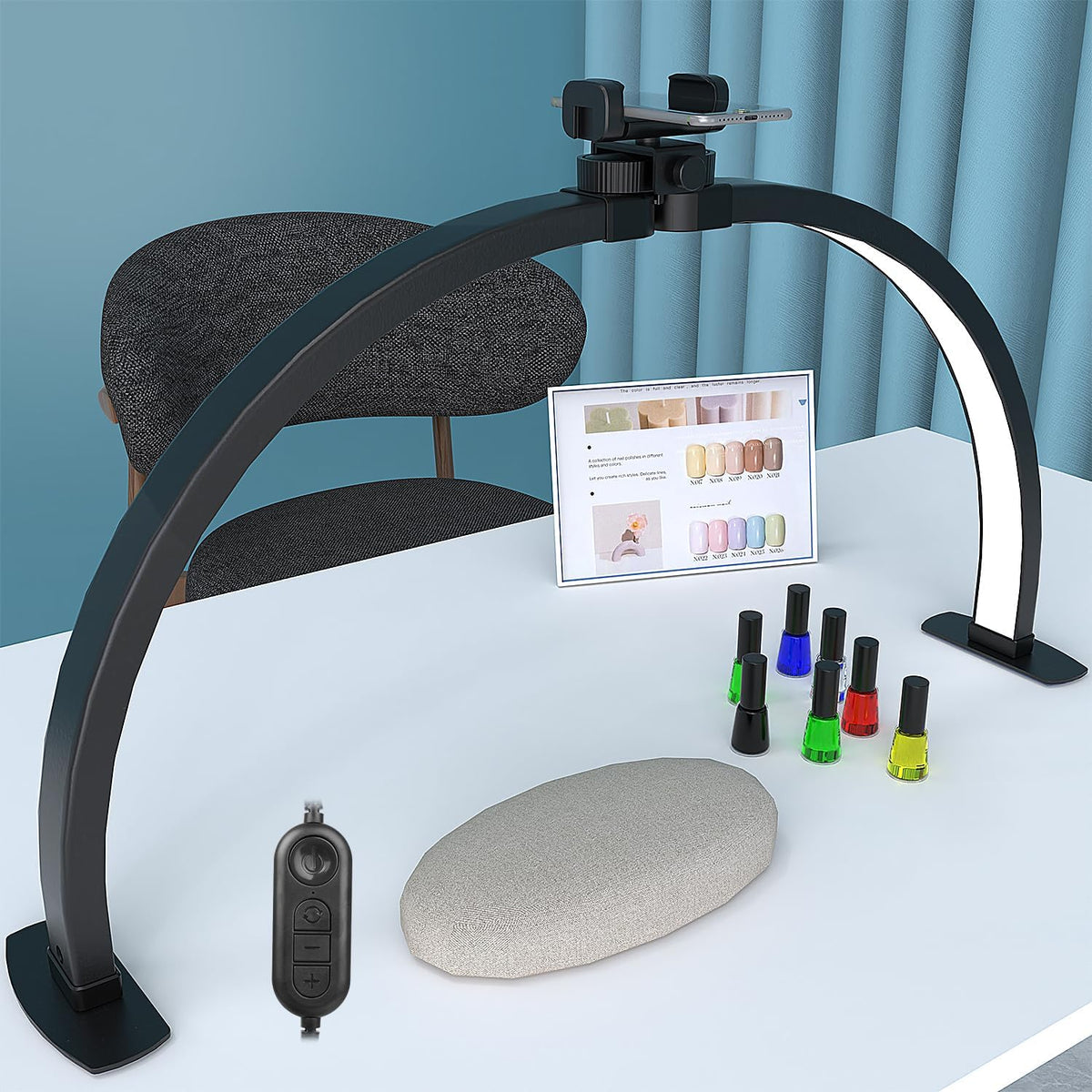 Half Moon Light for Nail Desk, 29In 40W Nails Tech Light with Phone Stand, 10 Adjustable Brightness, 3 Color Temperature Led Desk Lamp for Nail, Tattoos, Eyebrows, Beauty(Black)