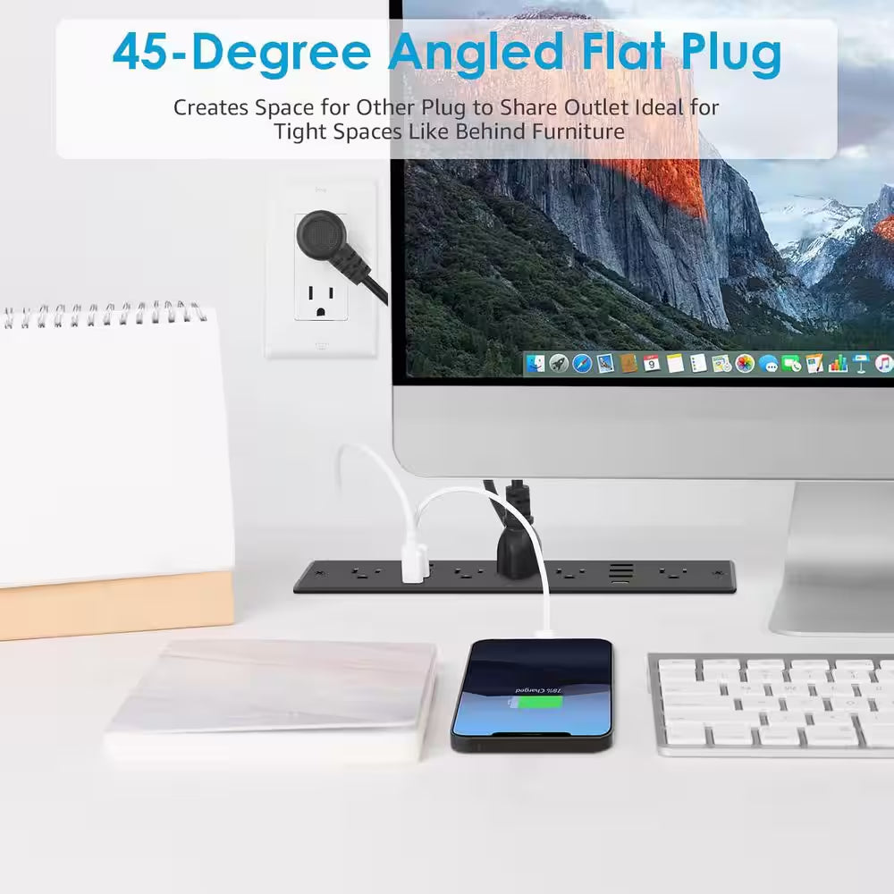 13 in 1 Recessed Power Strip Flat Plug Fast Charging Furniture Outlet with USB Surge Protection Socket Black