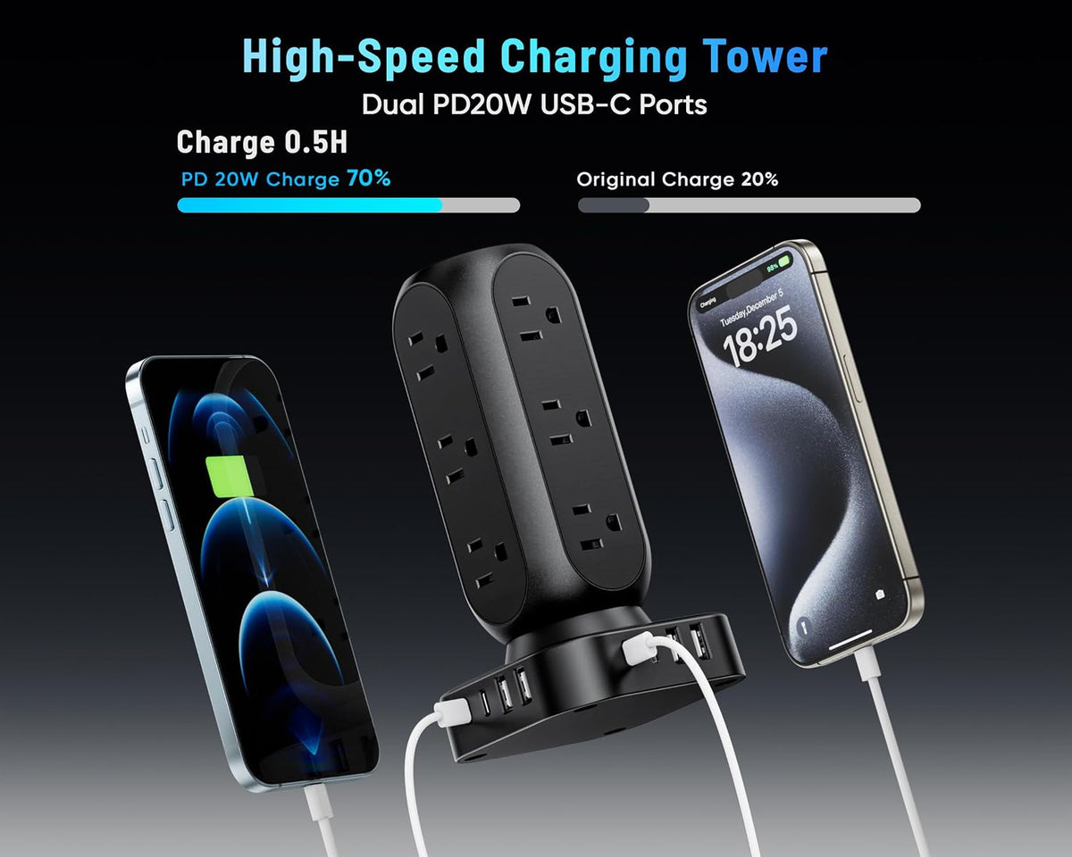 Flat Plug Power Strip Tower,  40W Total Fast Charging Station, 10FT