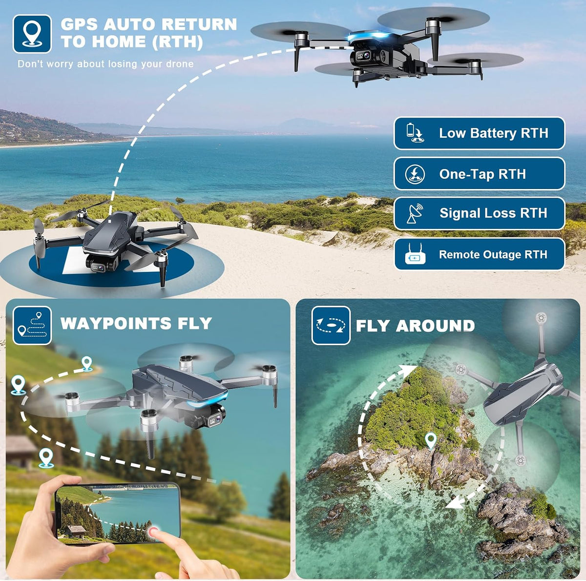 GPS Drone with Camera, 2K HD Drones for Adults, Foldable FPV Drone with GPS Auto Return, Follow Me, Circle Fly, Waypoint Fly, 5G Transmission, Gestures Selfie, Brushless Motor, 2 Batteries, Charcoal