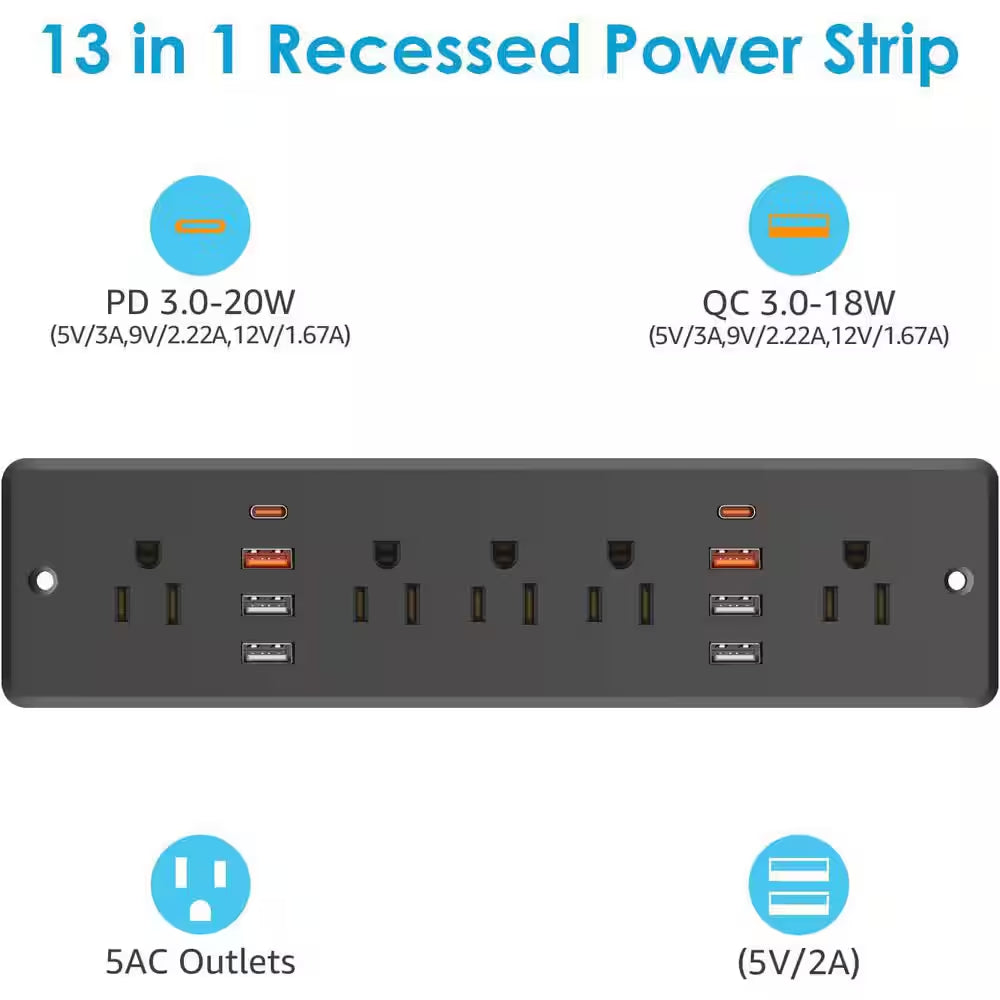 13 in 1 Recessed Power Strip Flat Plug Fast Charging Furniture Outlet with USB Surge Protection Socket Black