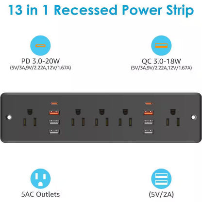 13 in 1 Recessed Power Strip Flat Plug Fast Charging Furniture Outlet with USB Surge Protection Socket Black