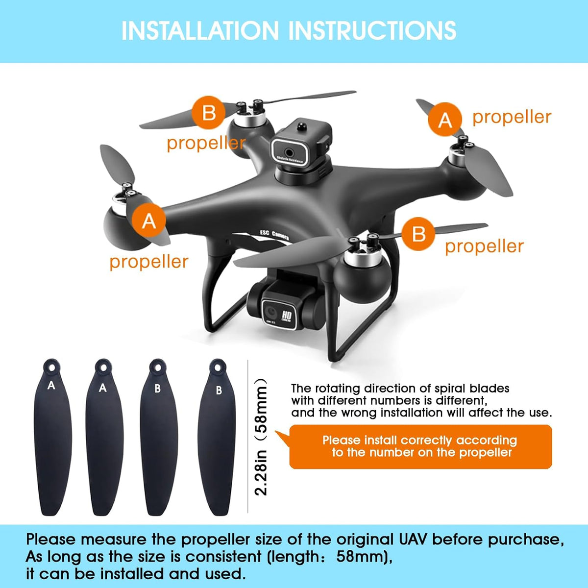 Universal 58Mm/2.28In Drone Propellers for S162、S116、S112、Xk5、Sg108、L108、S3、S9、M7、Rg101、A13、S1S、K918、Models - Replacement Drone Accessories with Stable and Low-Noise Operation 16-Pack (Black)