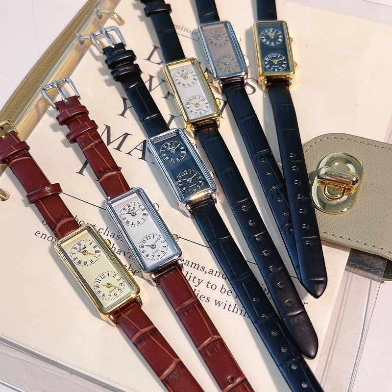 Women’S Vintage Rectangle Watch Dual Time Zone Watch for Small Wrist
