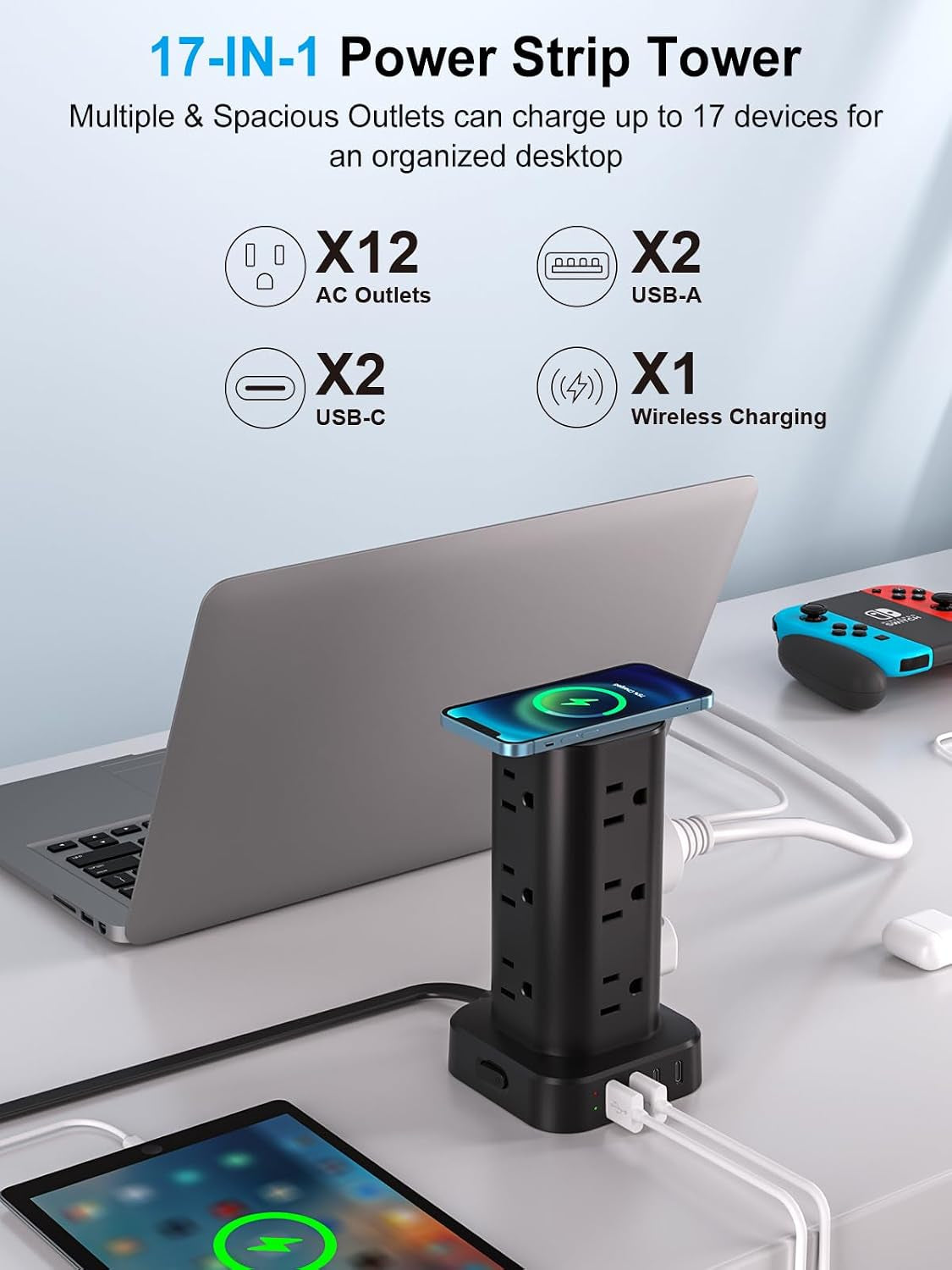 6FT Power Strip Tower with Wireless Charger,Surge Protector with 12 Outlets