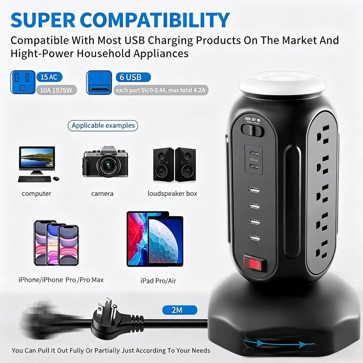Power Tower with Retractable Cord, Surge Protector Tower with PD 30W USB-C (Single Port 30W/2 Ports 15W Each), 15 AC Outlets, 6.5Ft Flat Plug, High-Power Fast Charging Station for Home and Office