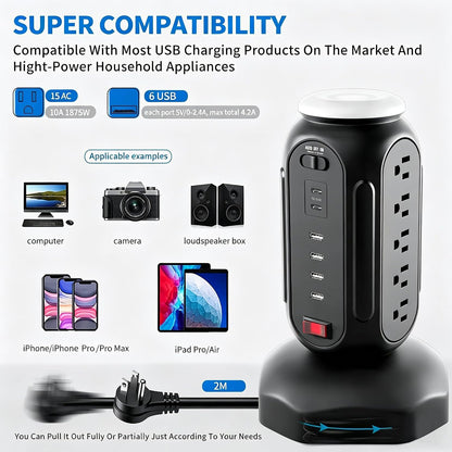 Power Tower with Retractable Cord, Surge Protector Tower with PD 30W USB-C (Single Port 30W/2 Ports 15W Each), 15 AC Outlets, 6.5Ft Flat Plug, High-Power Fast Charging Station for Home and Office