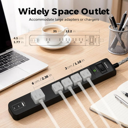 2 Pack Power Strip Surge Protector – 5 Wide Spaced Outlets 3 USB