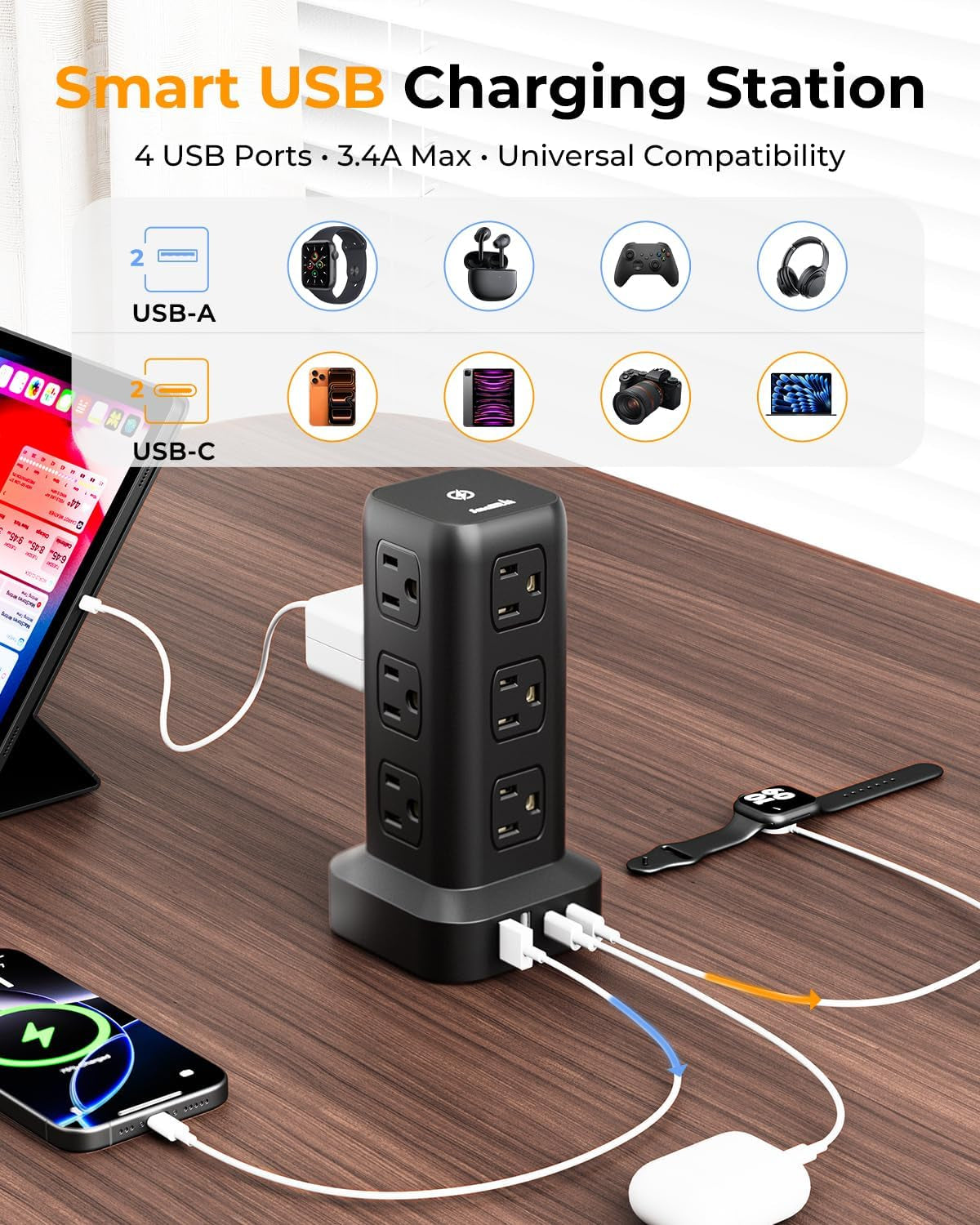Power Strip with 12 Outlets 4 USB (1 USB C), 6.5Feet Extension Cord with Multiple Outlets, Charging Station, Power Strip Tower, Home Office Desk Supplies