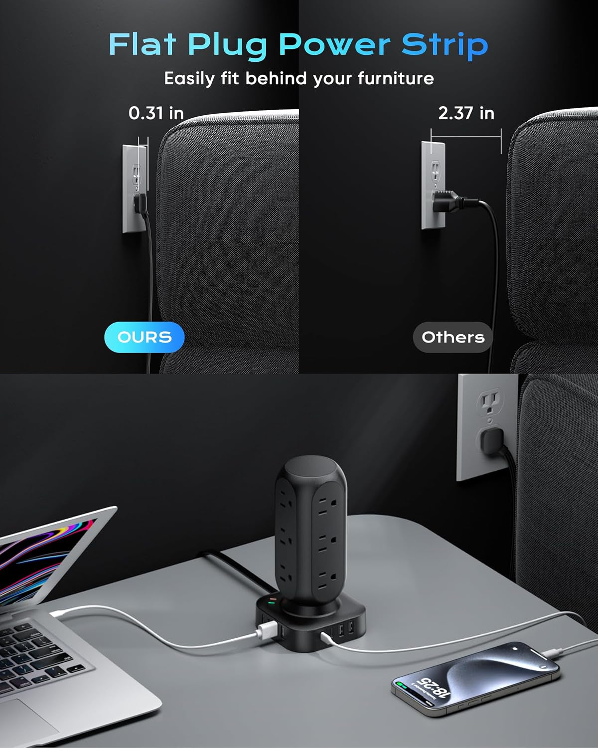 Flat Plug Power Strip Tower,  40W Total Fast Charging Station, 10FT