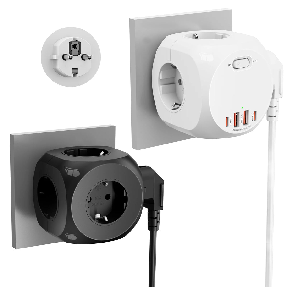 Eu Schuko Wall Socket Extender with Switch, 4 Ac Outlets 2 Usb-A 2 Usb-C Portable Cube Socket Power Strip Adapter, 4000W for Home