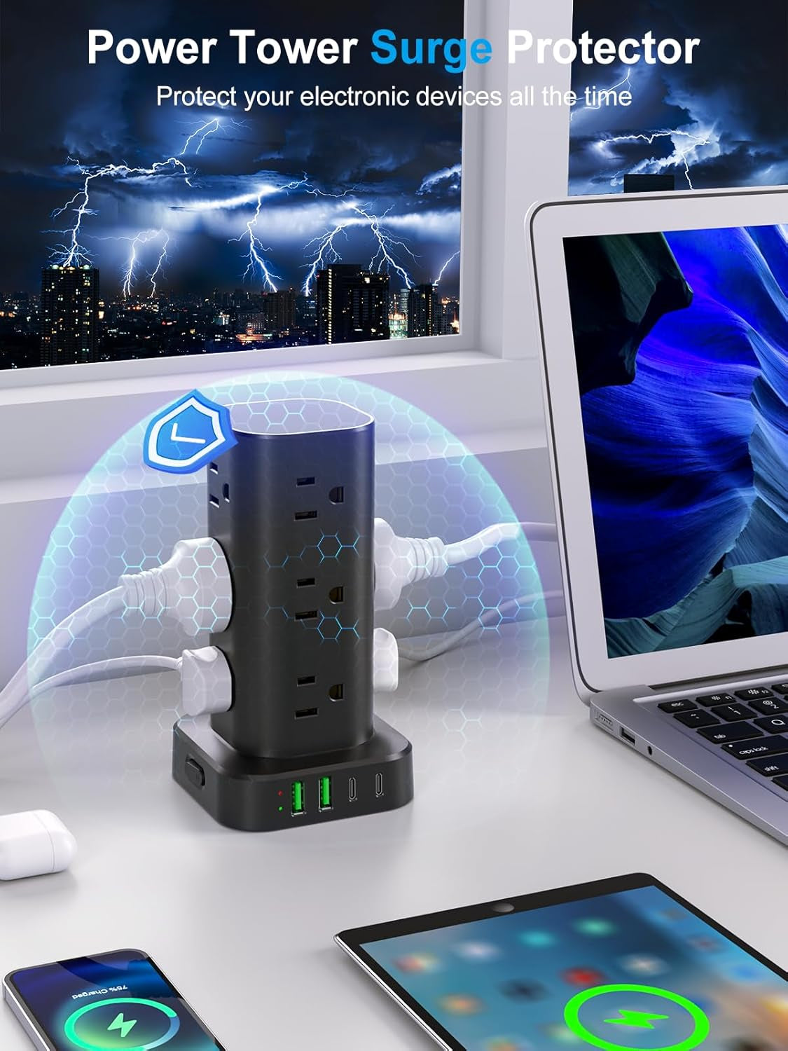 6FT Power Strip Tower with Wireless Charger,Surge Protector with 12 Outlets