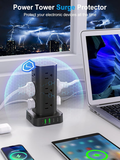 6FT Power Strip Tower with Wireless Charger,Surge Protector with 12 Outlets