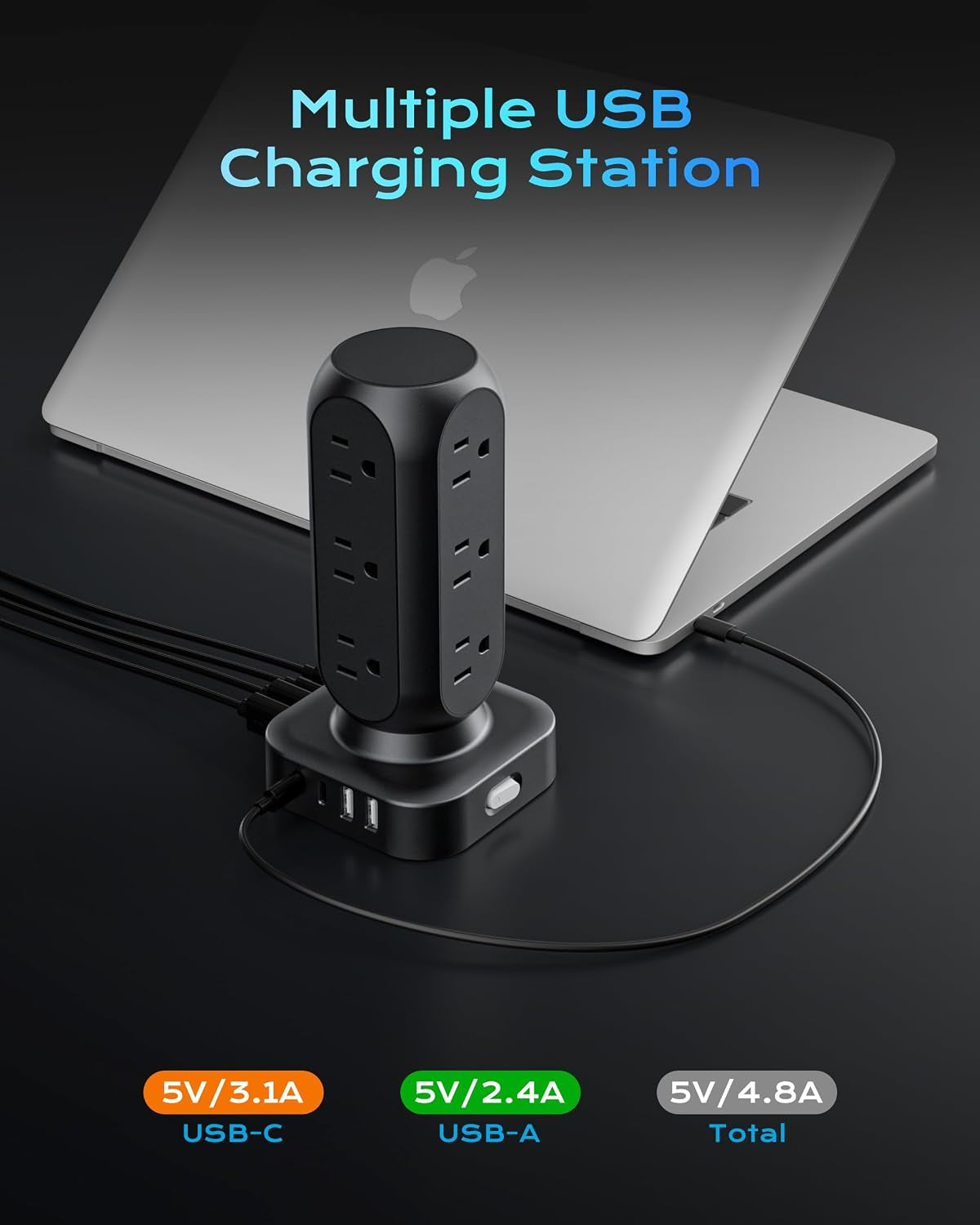 Power Strip Tower, 4.8A Fast Charging Tower, 10 FT Extension Cord