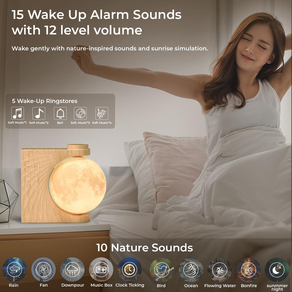 Sunrise Alarm Clock for Heavy Sleepers, Moon Lamp with Moon Light & 10 Light Effects, Cute Alarm Clock With10 White Noise Sounds & Dual Alarms for Bedrooms & Home Office Decor (Walnut Wood Grain)