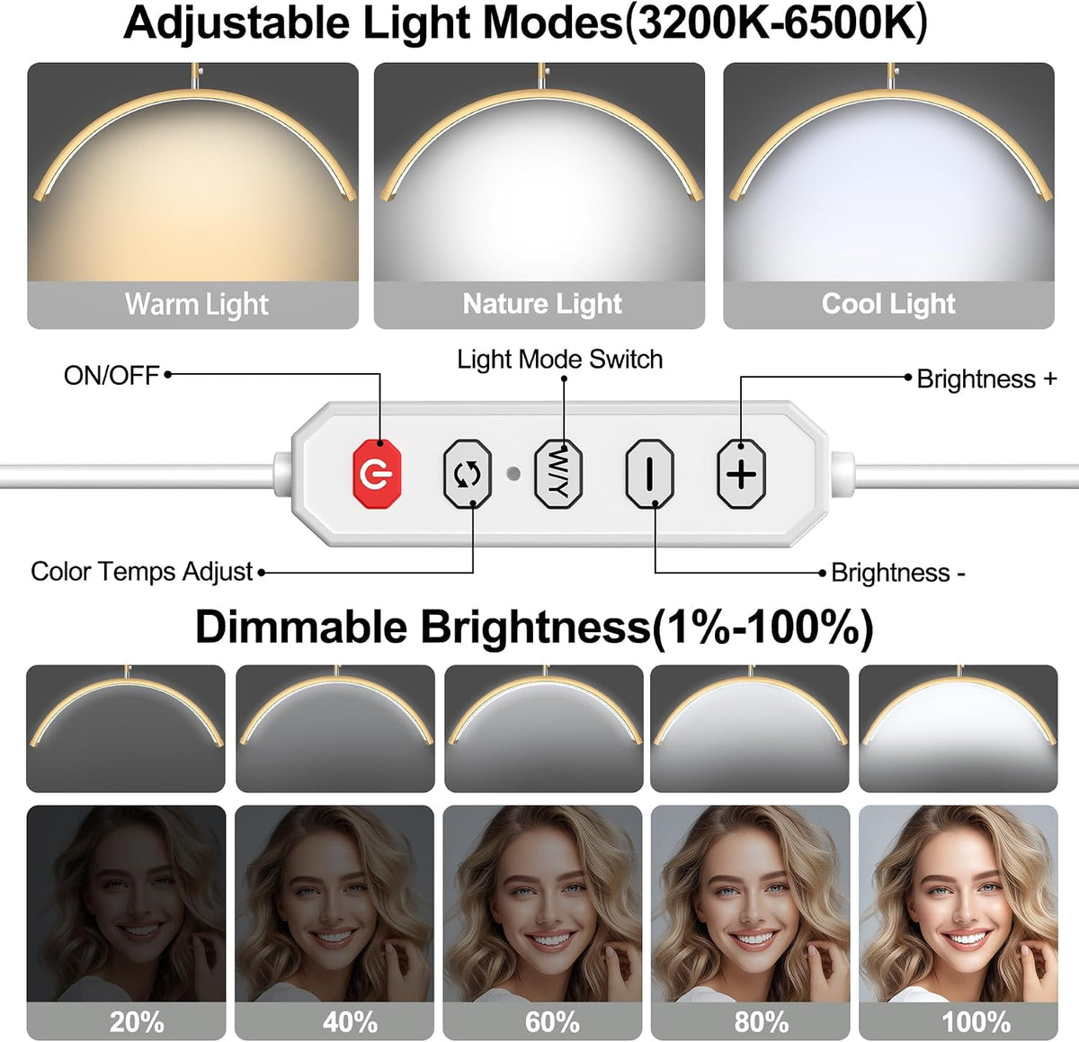 28" Half Moon Light - Lash Lamp with 4X Magnifier,Phone Holder,Lash Light for Eyelash Tech,Tattoo,Nail Art,Skincare,Salon,Adjustable Brightness&Hight,Rotating Head,Gold
